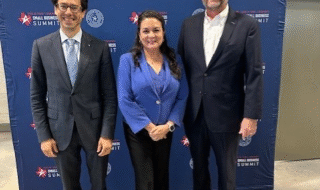 NFIB State Director Jeff Burdett poses for a photo with Glenn Hamer, President & CEO of Texas Association of Business (left) and Adriana Cruz (center), Executive Director, Texas Economic Development & Tourism Office, Office of the Governor.